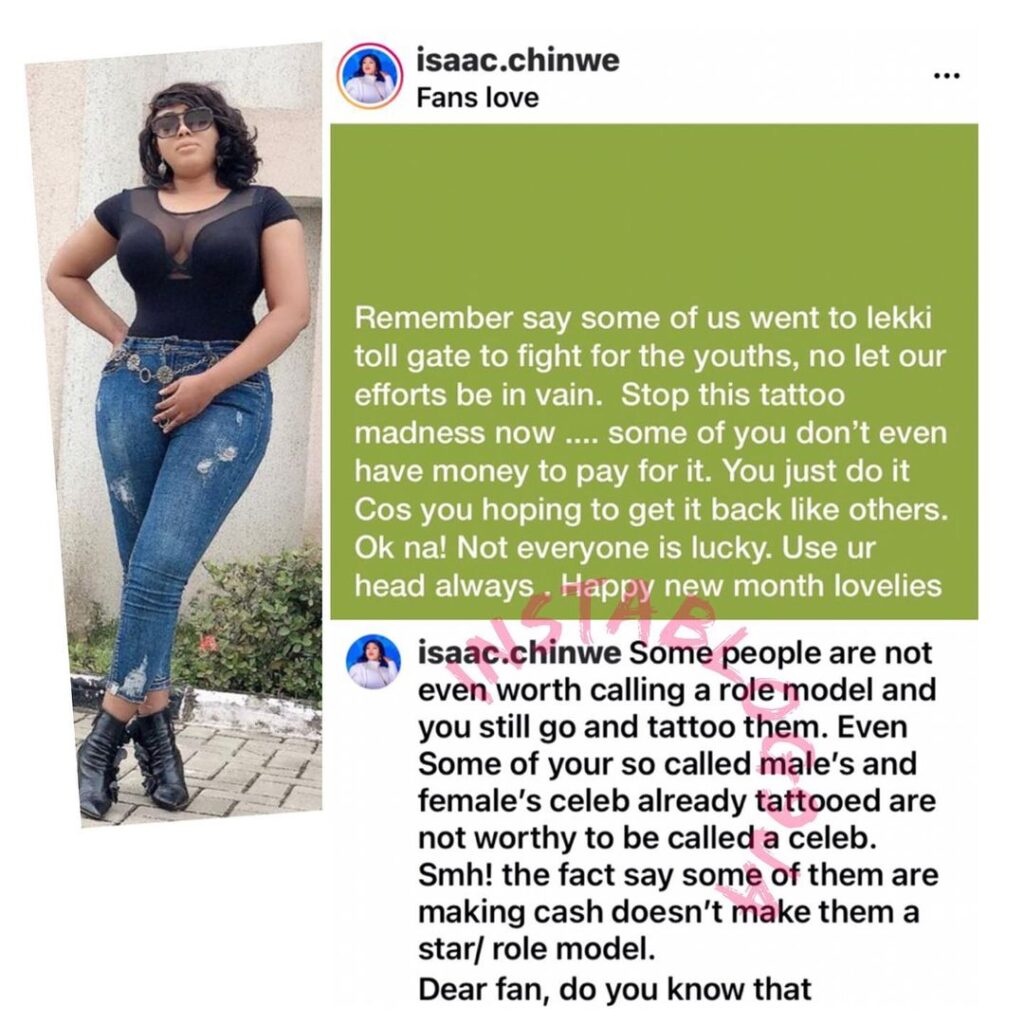 “Some are not worth calling role models/celebrities,” Actress Isaac Chinwe tells those getting Nkechi and Bobrisky’s tattoos. [Swipe]