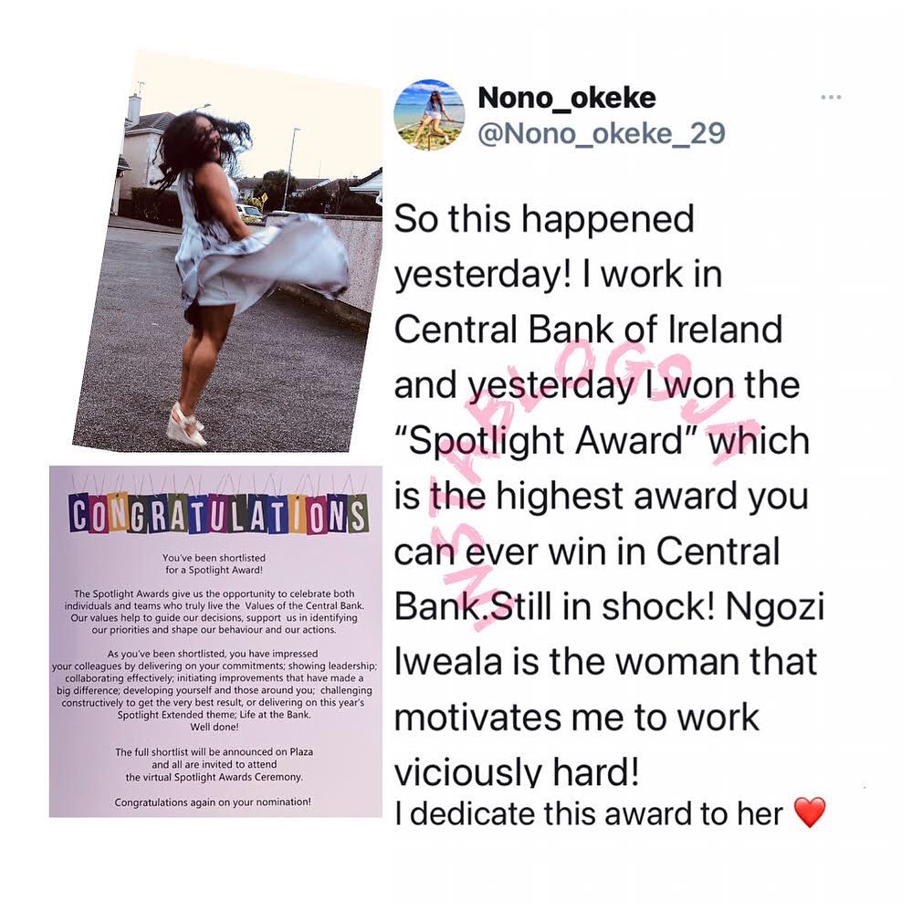 Nigerian lady working in Central Bank of Ireland wins the highest award, one can ever win in Central Bank.