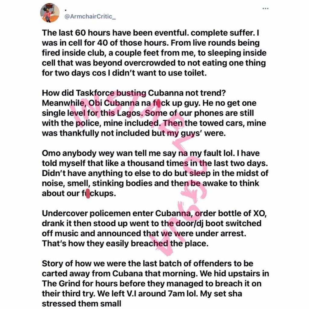 Man narrates how him and others were arrested while clubbing at Cubana club [Swipe]