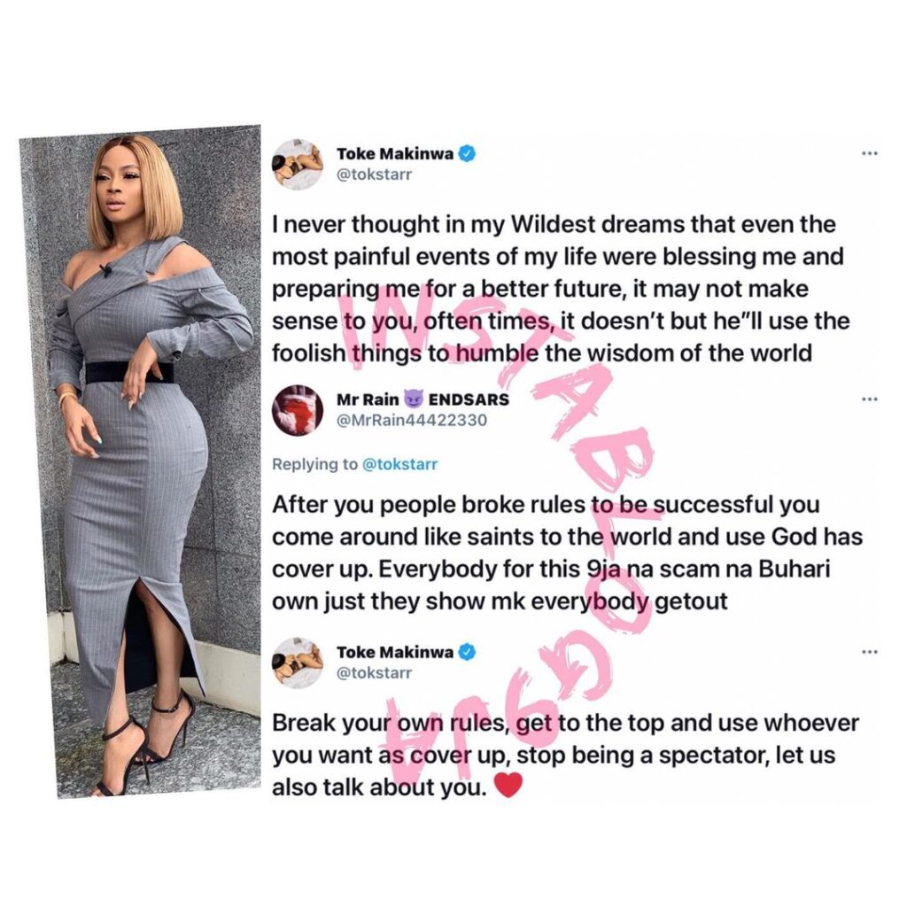 Media Personality, Toke Makinwa, replies man who accused her of lying about the secret of her success