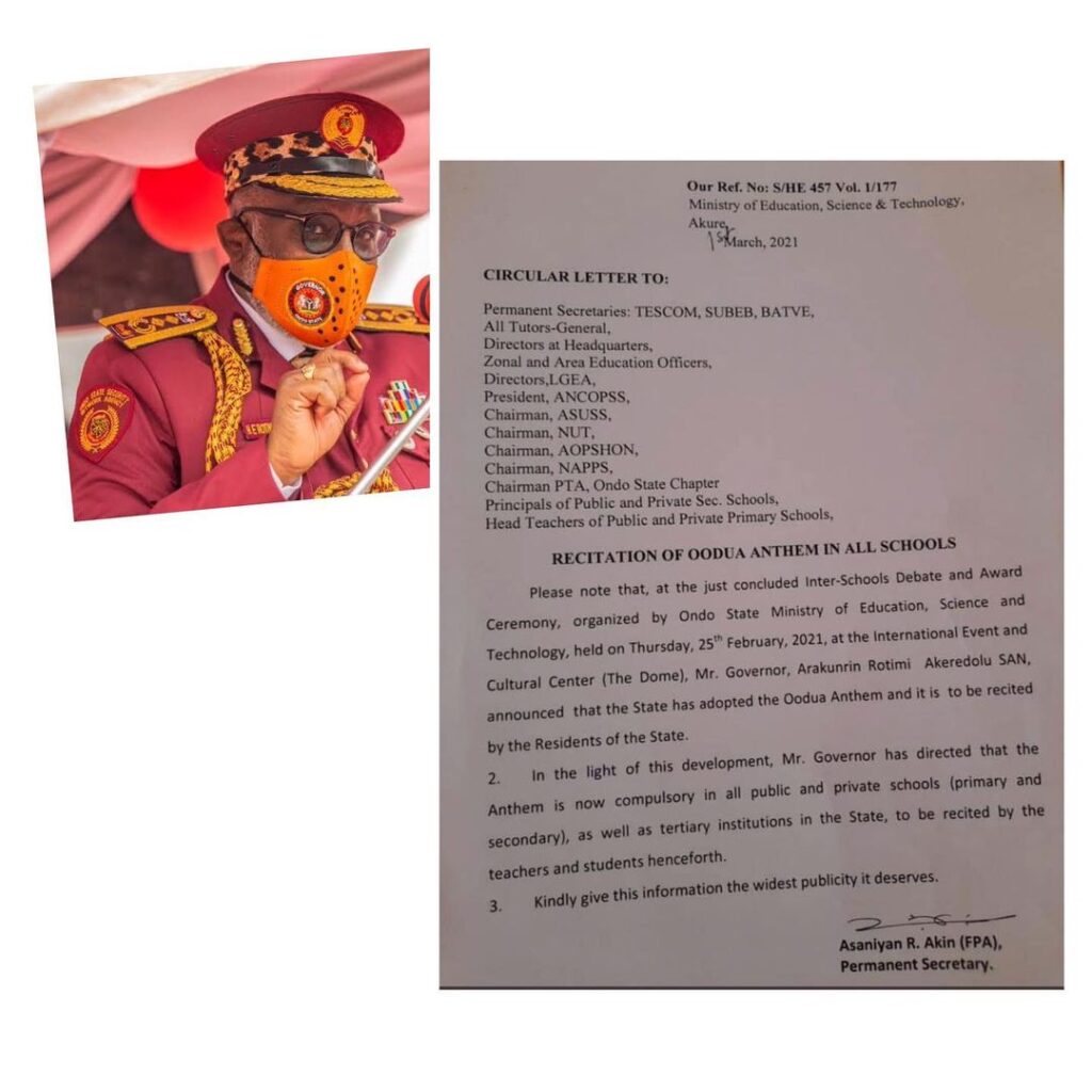 Governor Akeredolu orders the compulsory recitation of Oodua anthem in Ondo schools. [Swipe to listen]