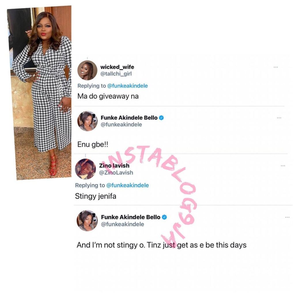 Actress Funke Akindele replies a follower who called her stingy