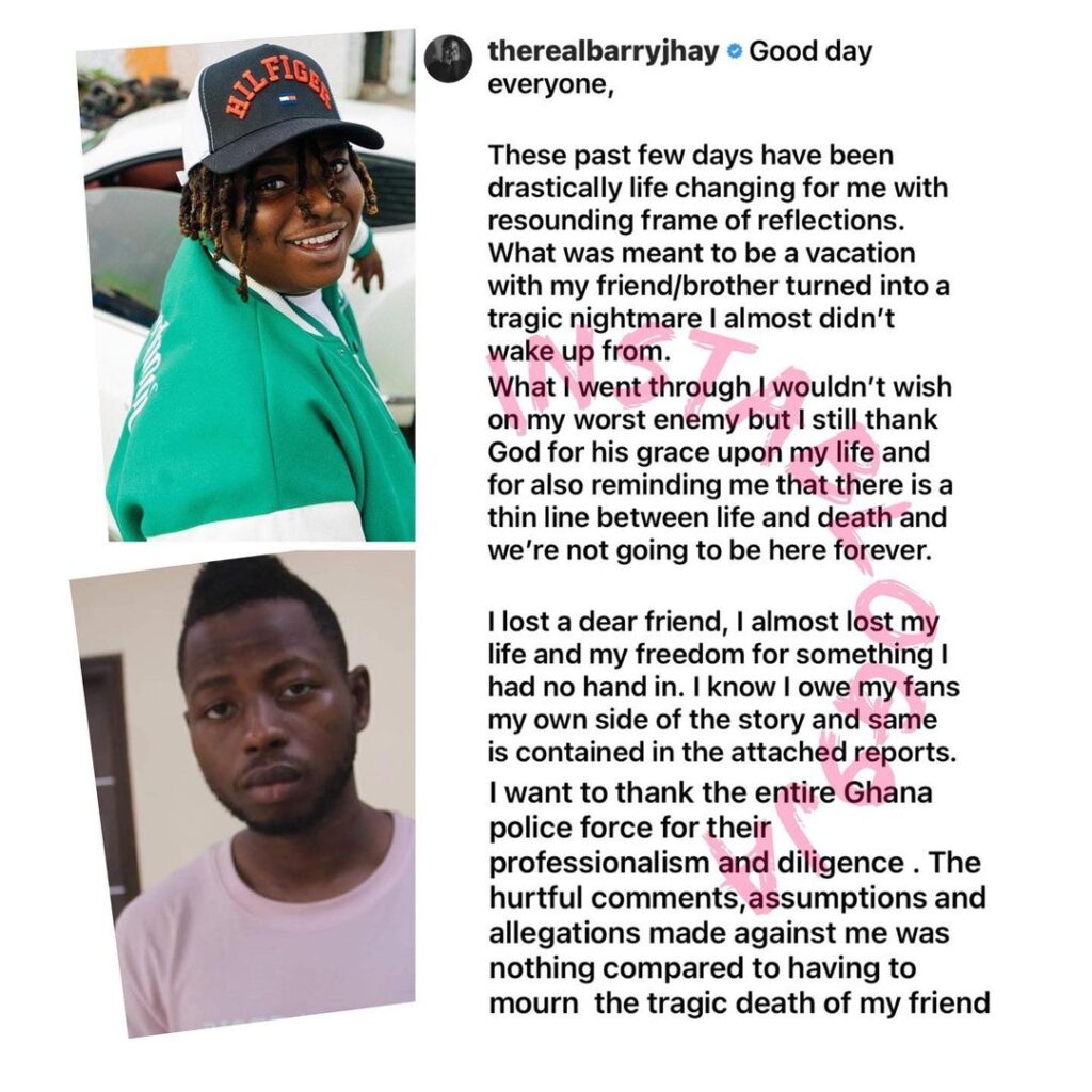 Cashy’s Death: Singer Barry Jhay breaks silence as Ghanaian police exonerate him of being responsible for his record label boss’ death. [Swipe]