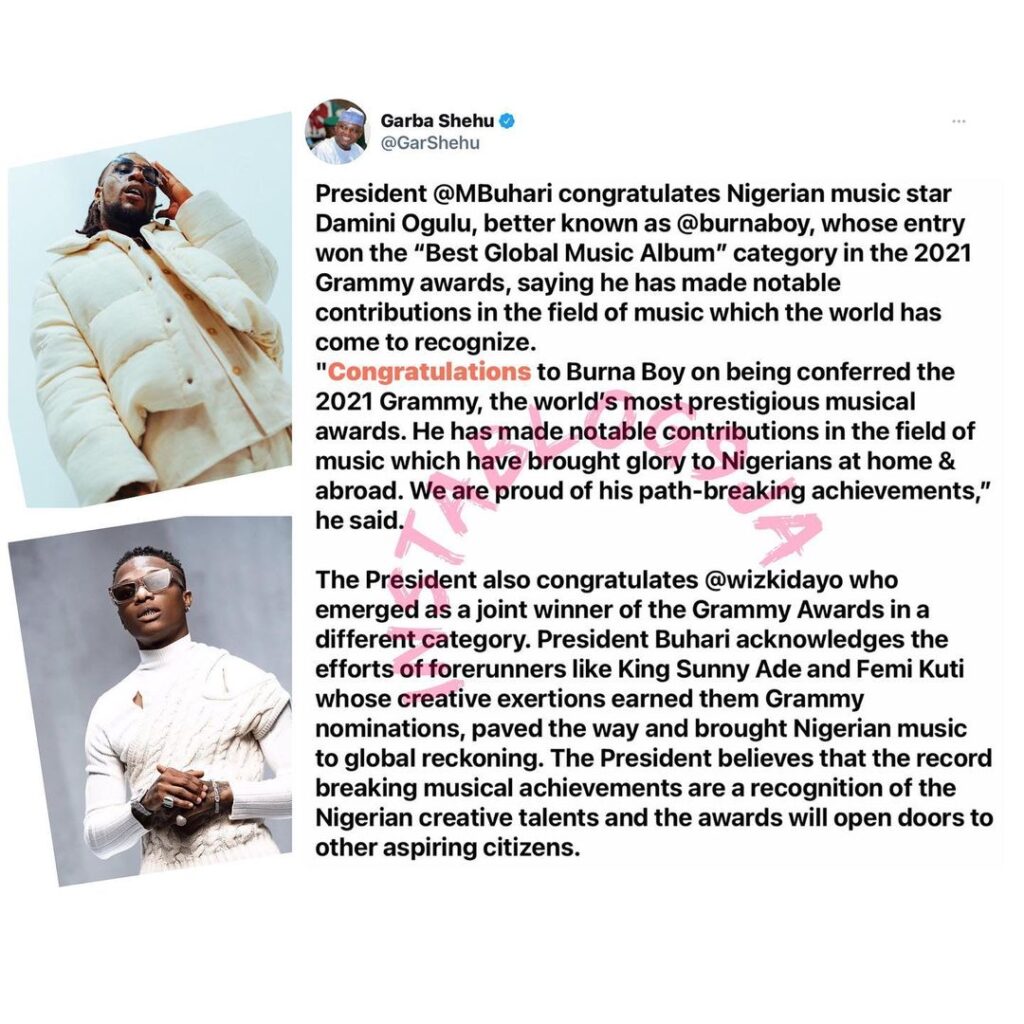 Pres. Buhari congratulates Burnaboy and Wizkid for their Grammy wins
