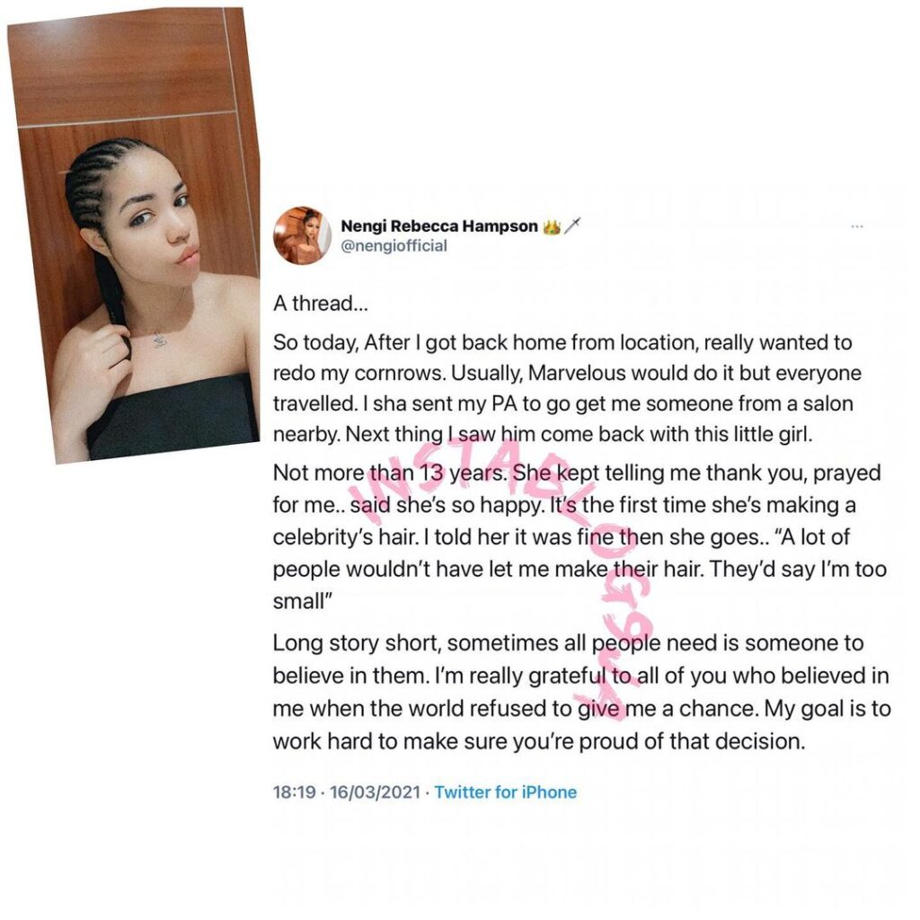 BBN’s Nengi shares her heartwarming encounter with a 13-year-old hairdresser
