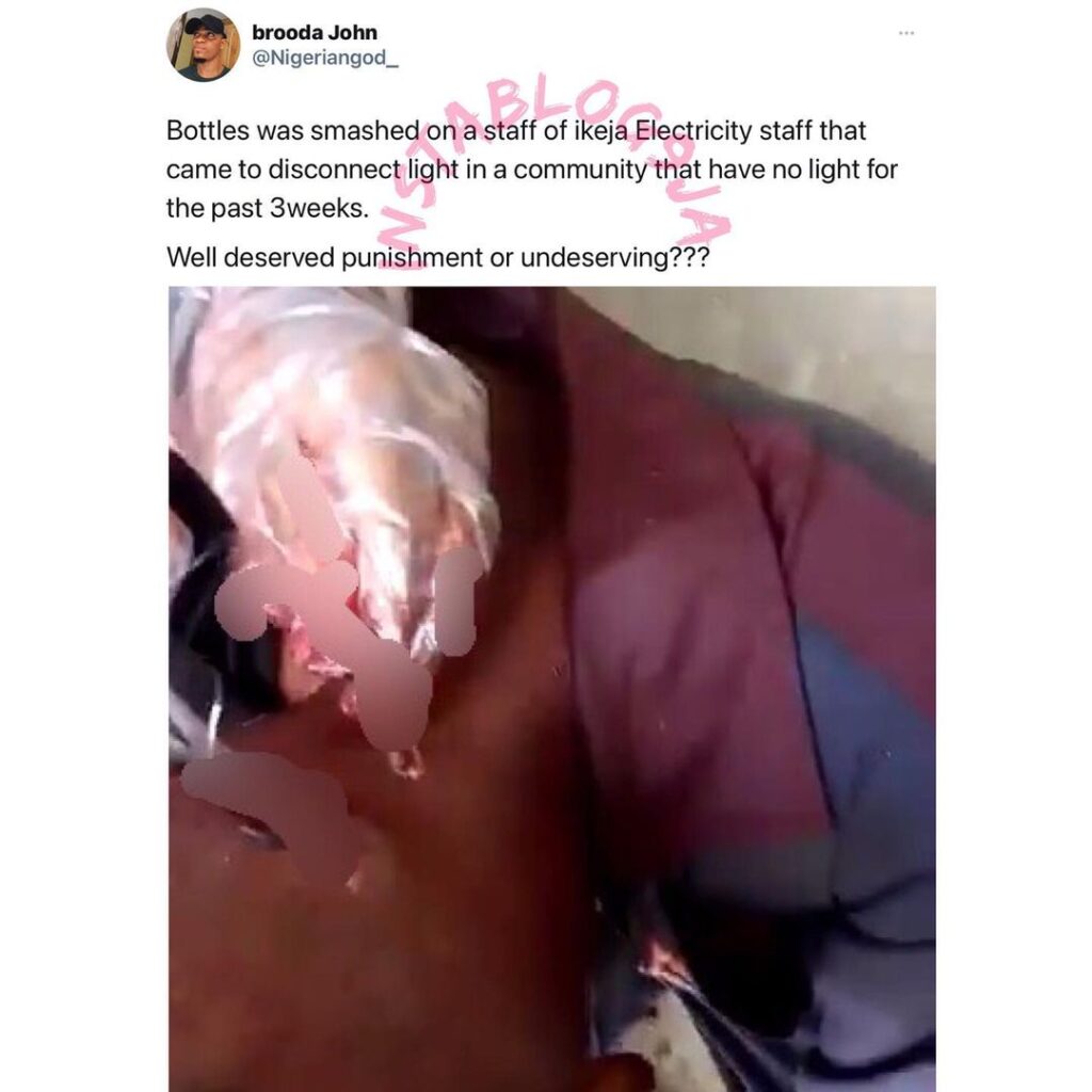 Graphic: Bottle smashed on the head of an IKEDC staff trying to disconnect a community that’s already without electricity for 3 weeks. [Swipe]