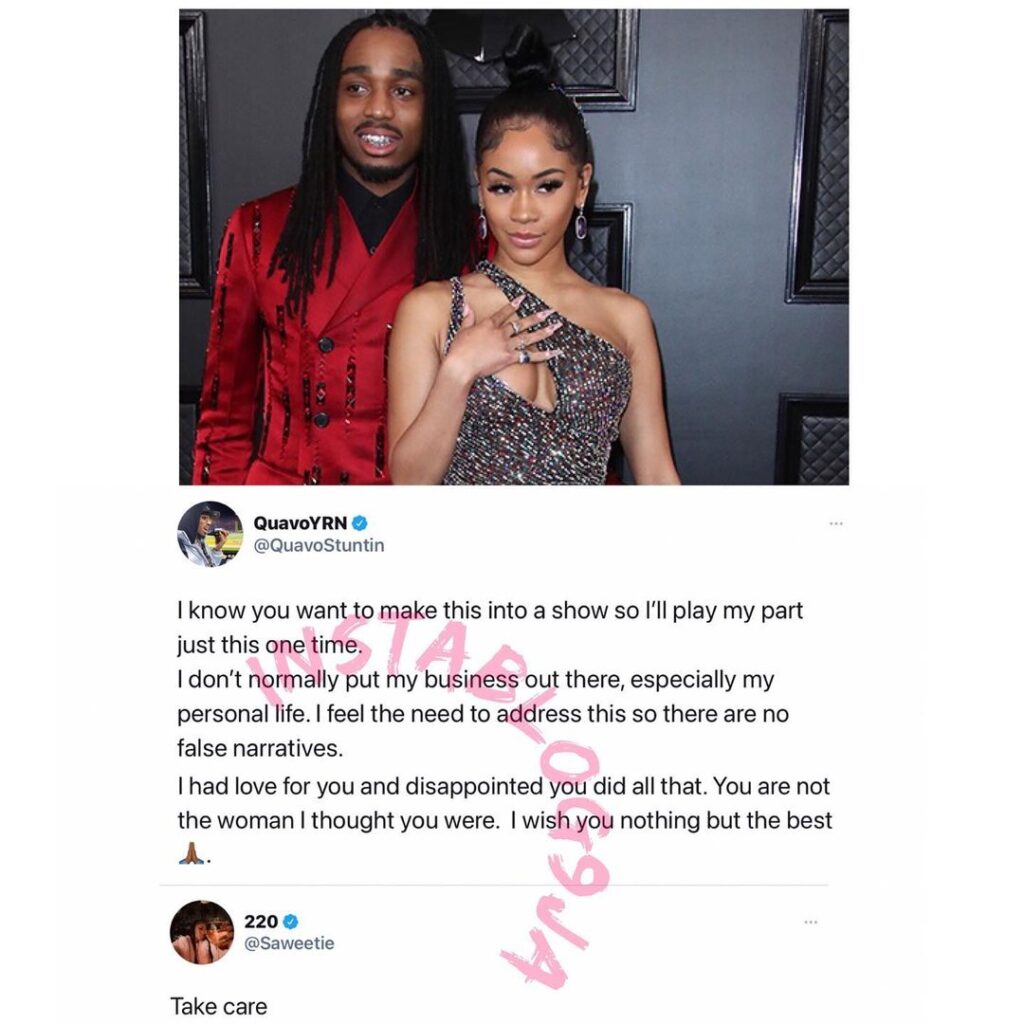 Rapper Quavo reacts after his girlfriend, Saweetie, dumped him publicly [Swipe]