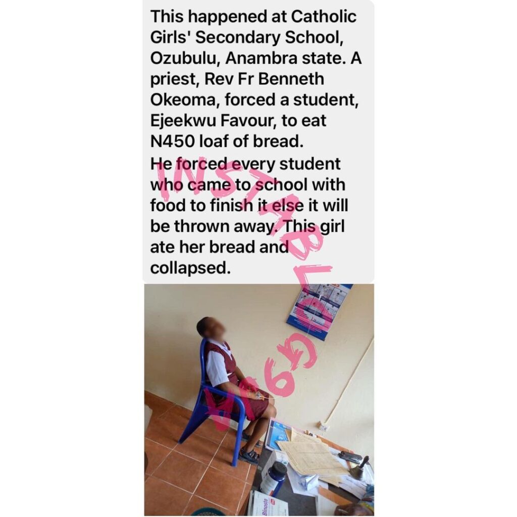 Schoolgirl allegedly collapses after teacher forced her to eat a N450 bread in Anambra State