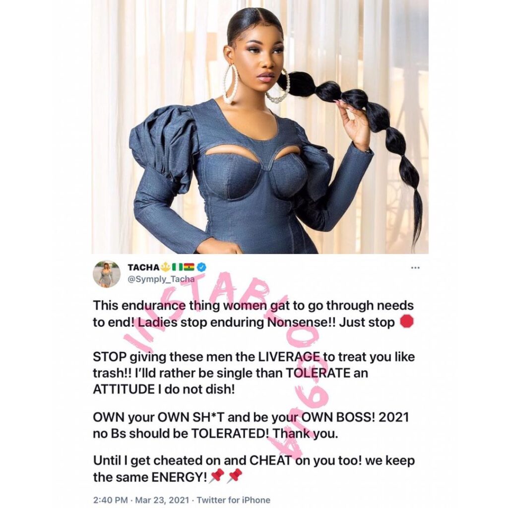 Ladies, stop giving men the leverage to treat you like trash — Reality TV Star, Tacha