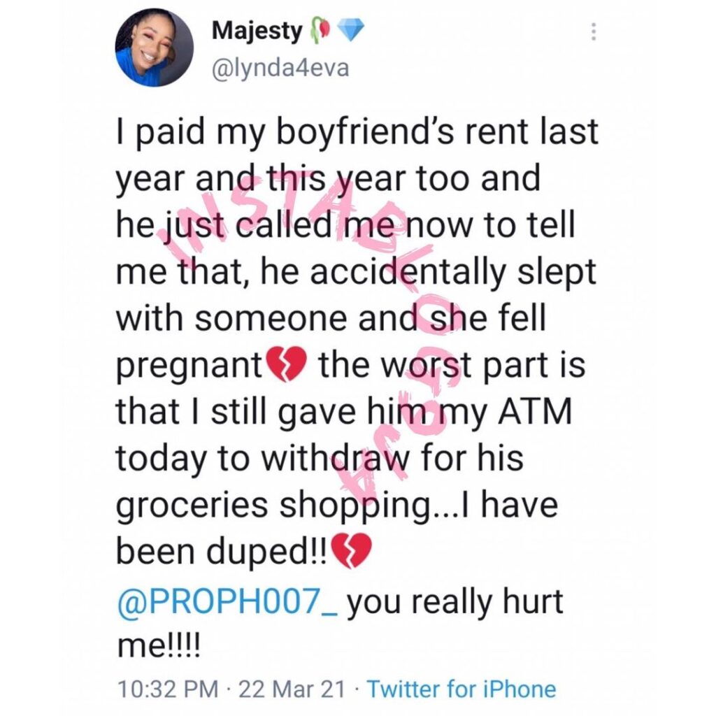 Lady calls out her boyfriend for “accidentally” impregnating someone else after bankrolling him