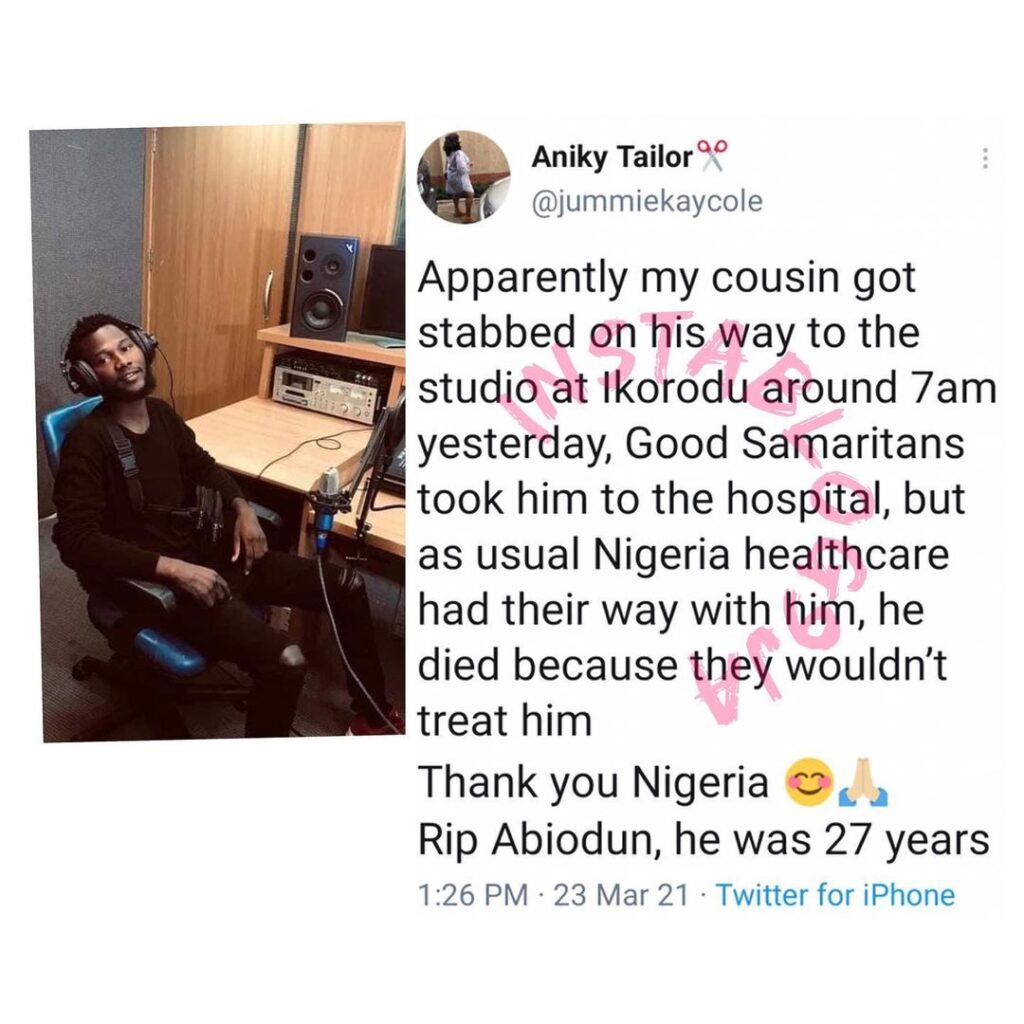 DJ Abiodun dies as a hospital allegedly refused to treat him after being stabbed in Ikorodu, Lagos