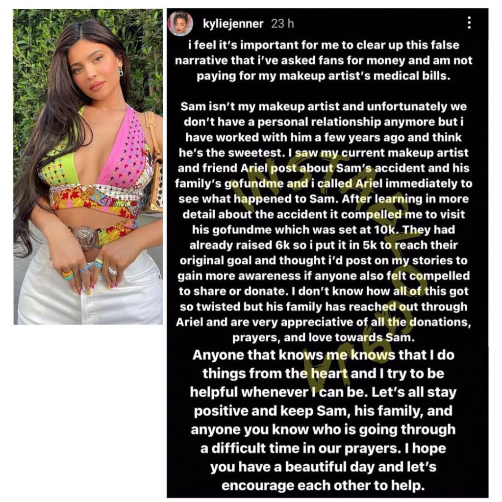 Billionaire Reality TV Star, Kylie Jenner, reacts after she was called out for asking her fans to donate towards makeup artist, Samuel Rauda's surgery [Swipe]