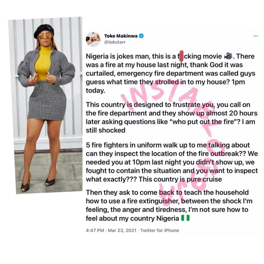 Media Personality, Toke Makinwa calls out fire department for coming 20 hours after her emergency call