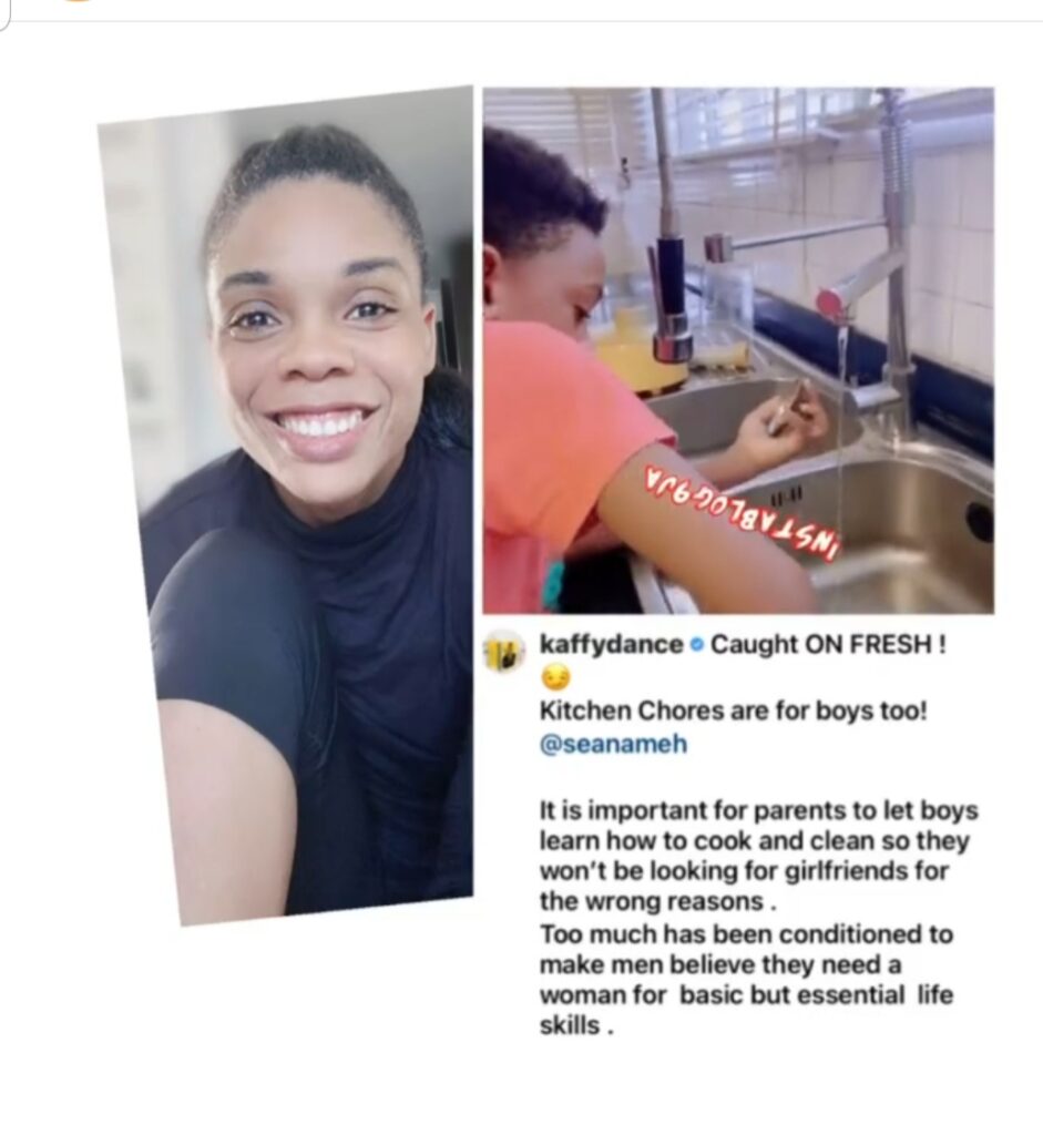 Dancer Kaffy shares video of her son doing the dishes, explains why it’s imperative for boys to do house chores