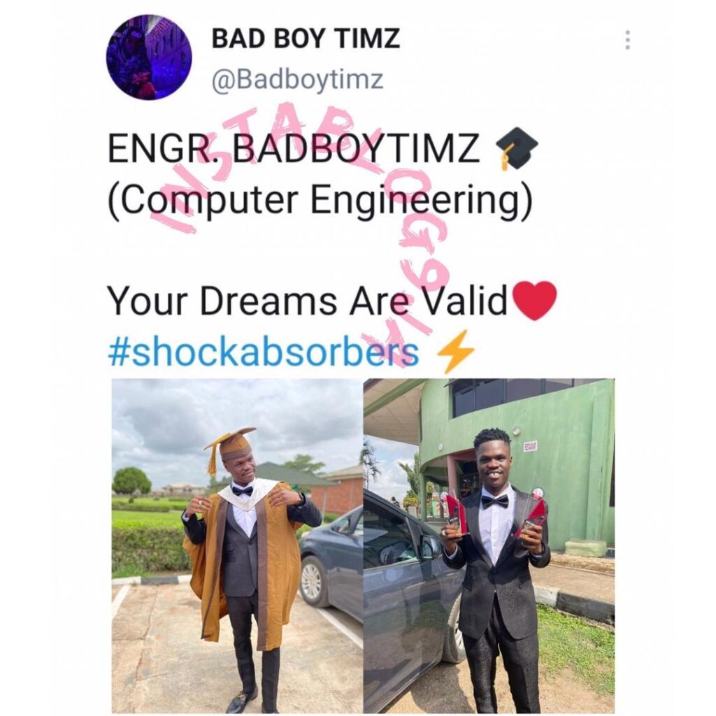 Singer BadBoyTimz becomes a graduate as he bags degree in Computer Engineering from Bells University