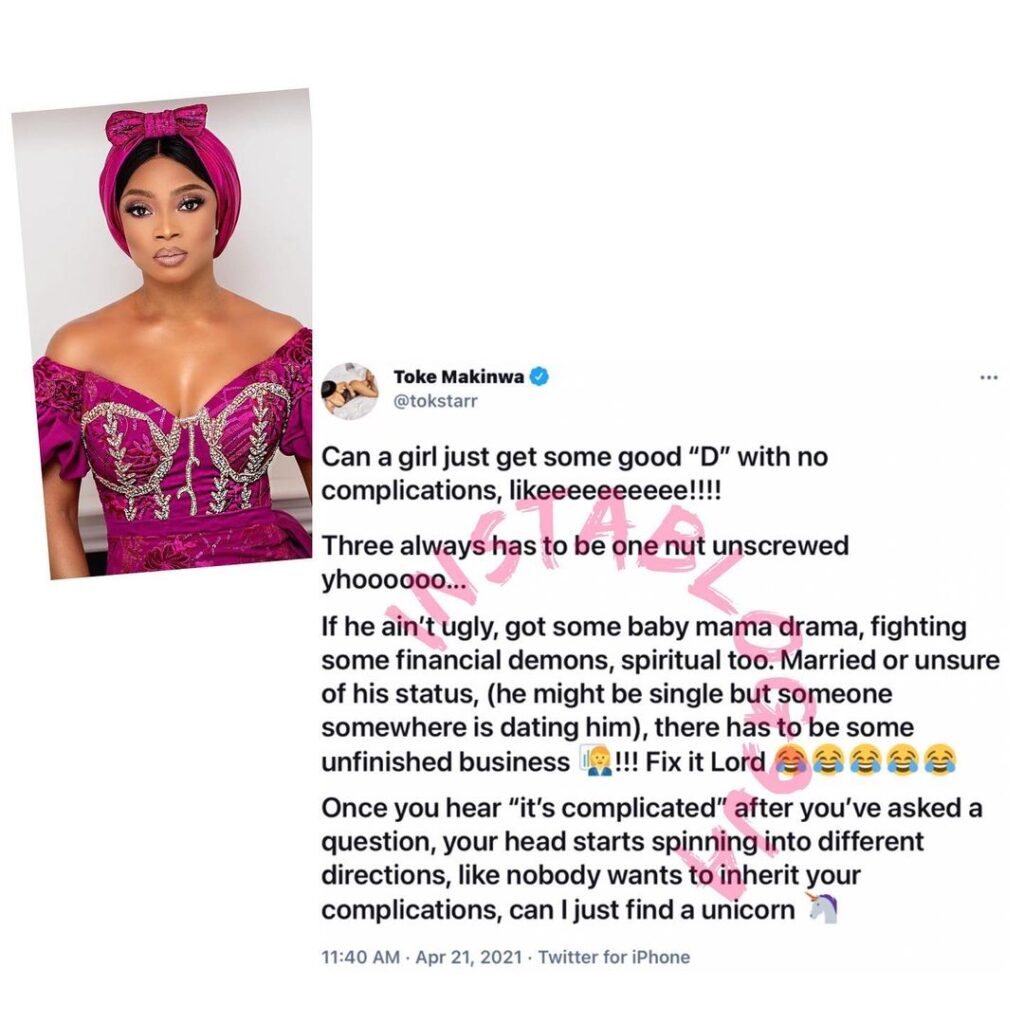 Media Personality Toke Makinwa laments the difficulty in finding a good man with no complications
