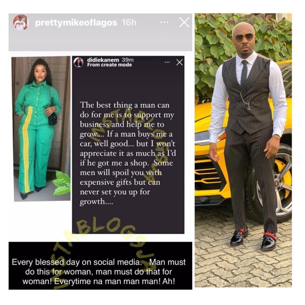Lagos Socialite, PrettyMike, blasts actress Didi Ekanem over her post about men [Swipe]