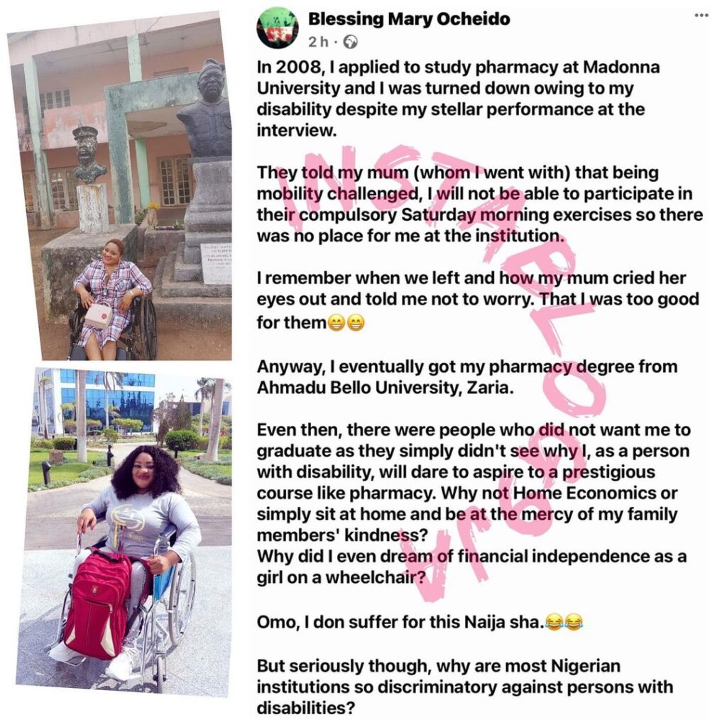 Nigerian pharmacist accuses a university of rejecting her due to her mobility challenge