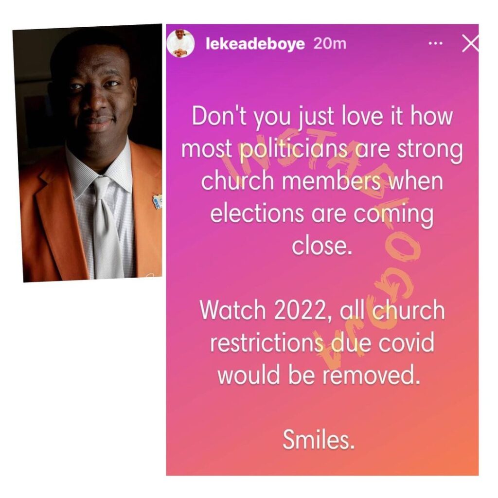 2023 Elections: COVID-19 restrictions will be removed in churches by 2022 — Pastor Adeboye’s son, Leke