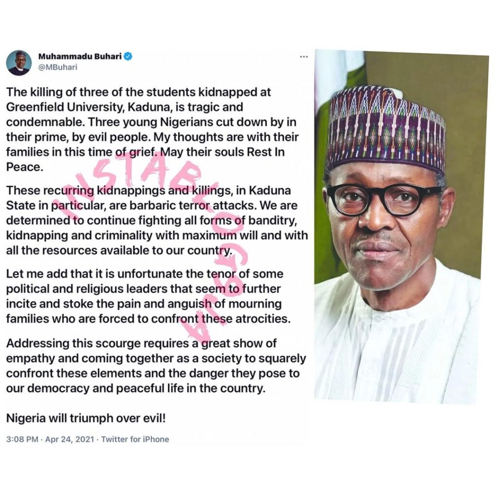 Killing of Greenfield University Students: We’re determined to continue fighting all forms of banditry, kidnapping, and criminality — Pres. Buhari
