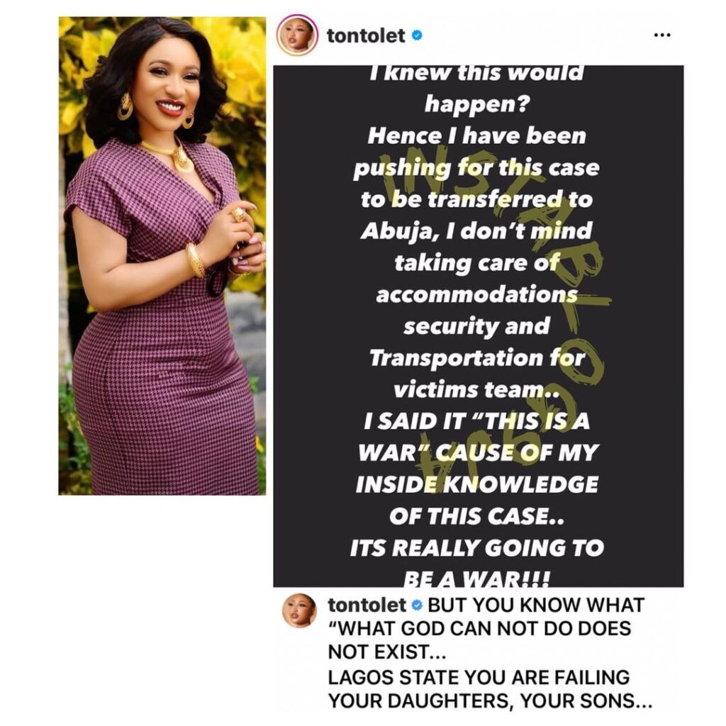 “This is war,” Actress Tonto Dikeh declares, as she offers to transfer Baba Ijesha’s r*pe case to Abuja