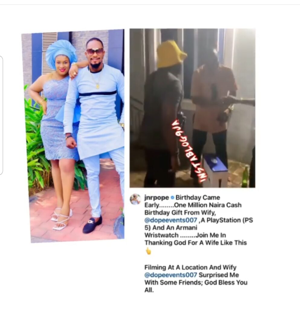 E choke: “Which kind wife be this?,” says actor Jnr Pope, as his wife gifts him N1m, PS5, and an expensive wristwatch for his birthday