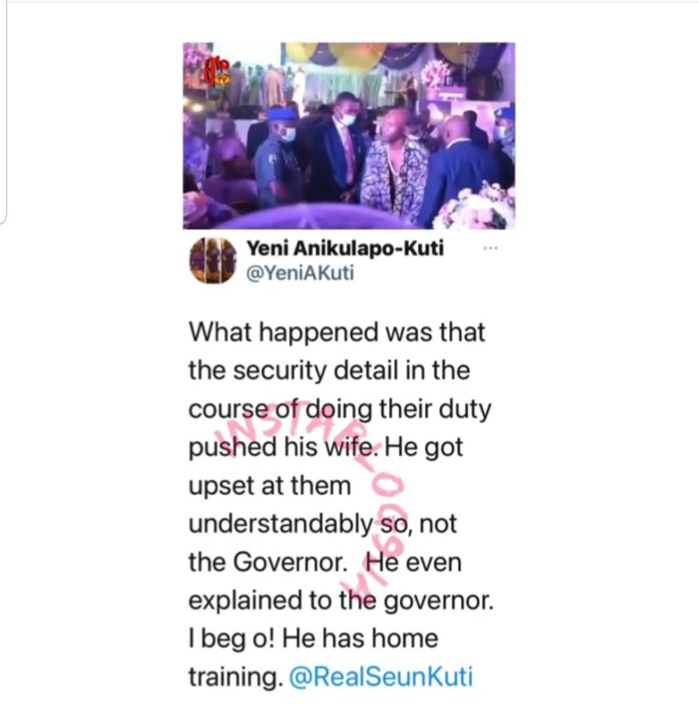 Fela’s daughter, Yeni Kuti, denies report that her brother, Seun, disrespected Gov SanwoOlu at her birthday party ?: @officialhiptv