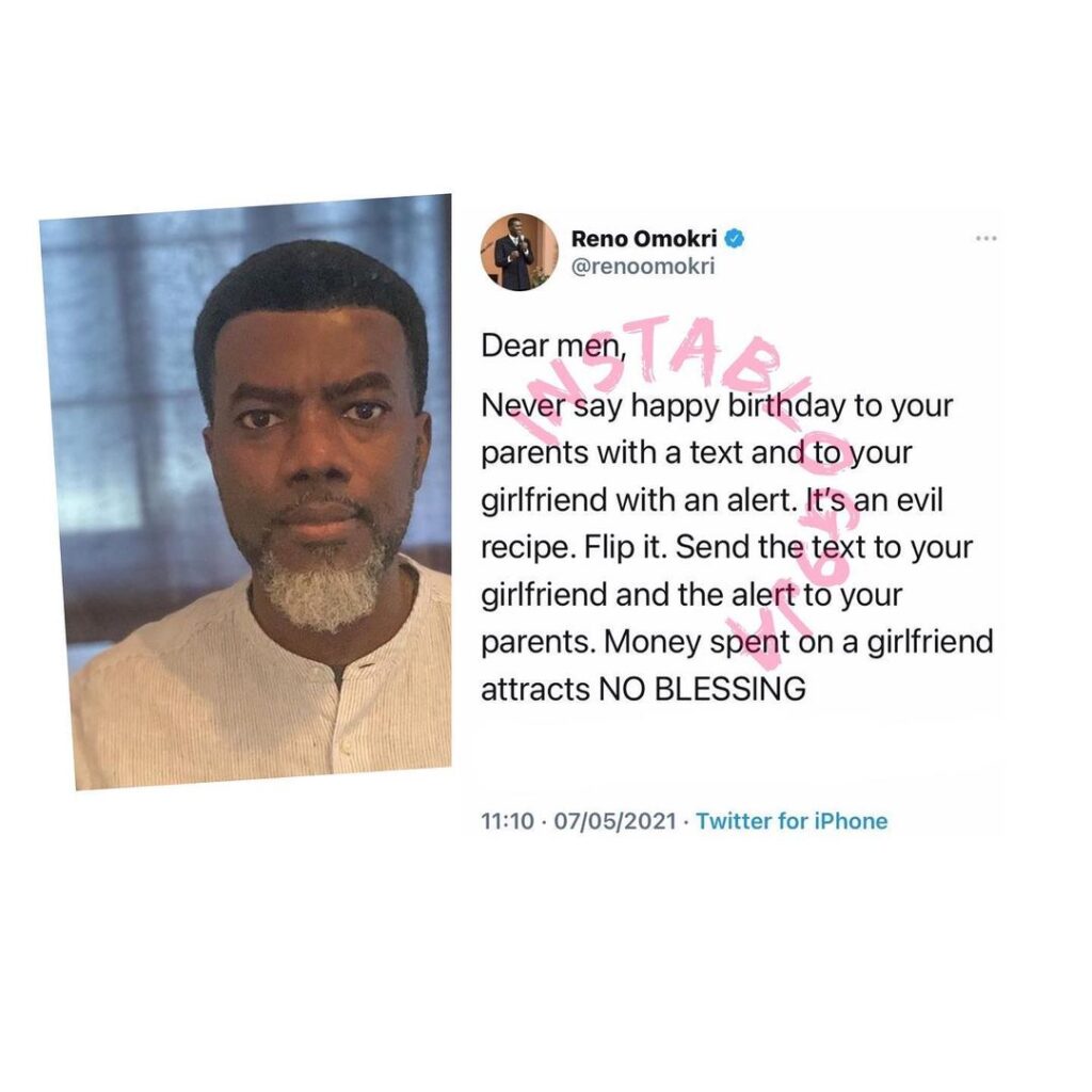 Money spent on a girlfriend attracts no blessings — Reno Omokri informs men