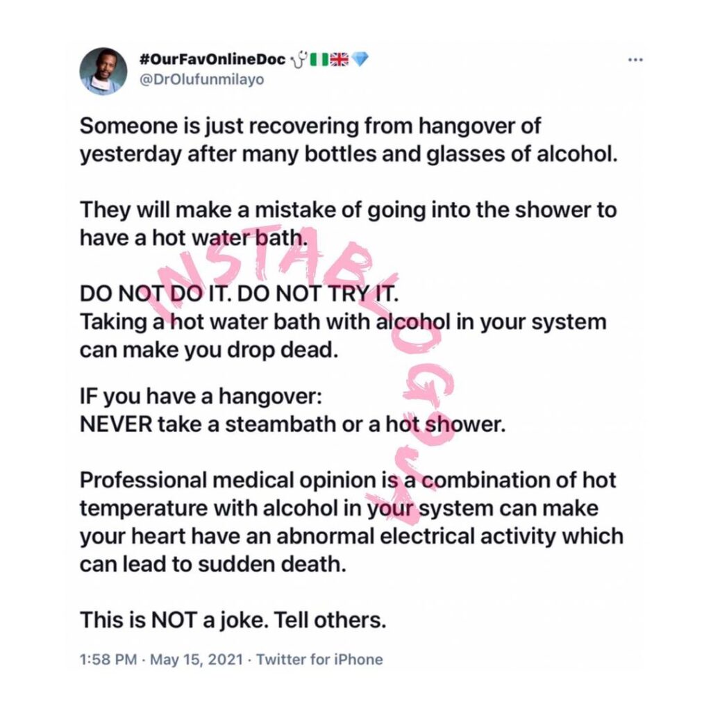 Taking a hot water bath with alcohol in your system can make you drop dead — Dr. Funmilayo
