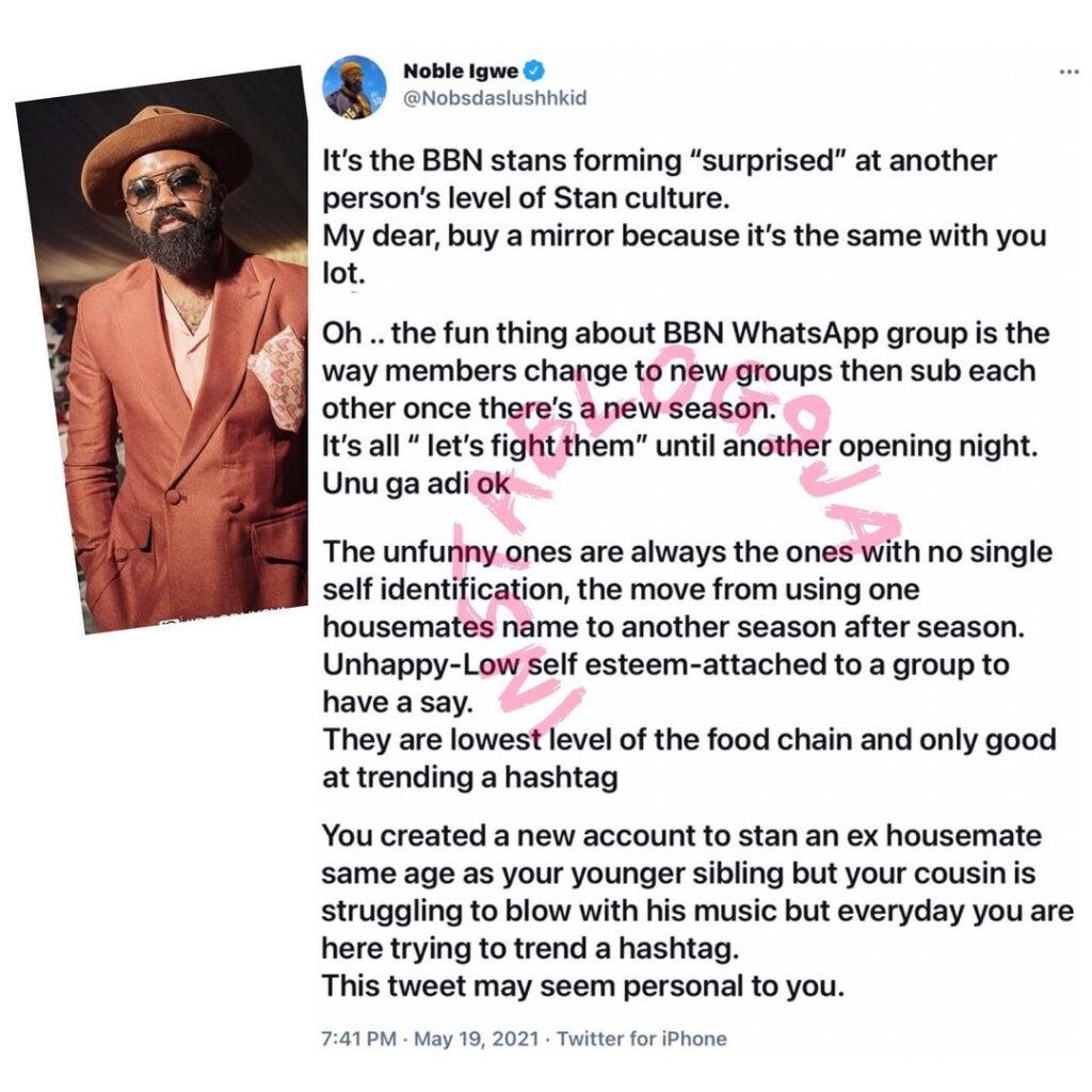 Media Personality, Noble Igwe, tackles BBN’s stans