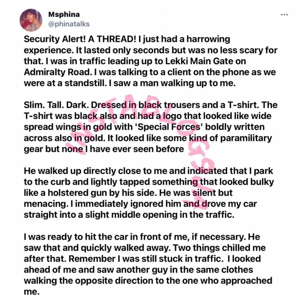 Vlogger Phina shares safety tips after an encounter with suspected kidnappers in Lekki, Lagos State. [Swipe]