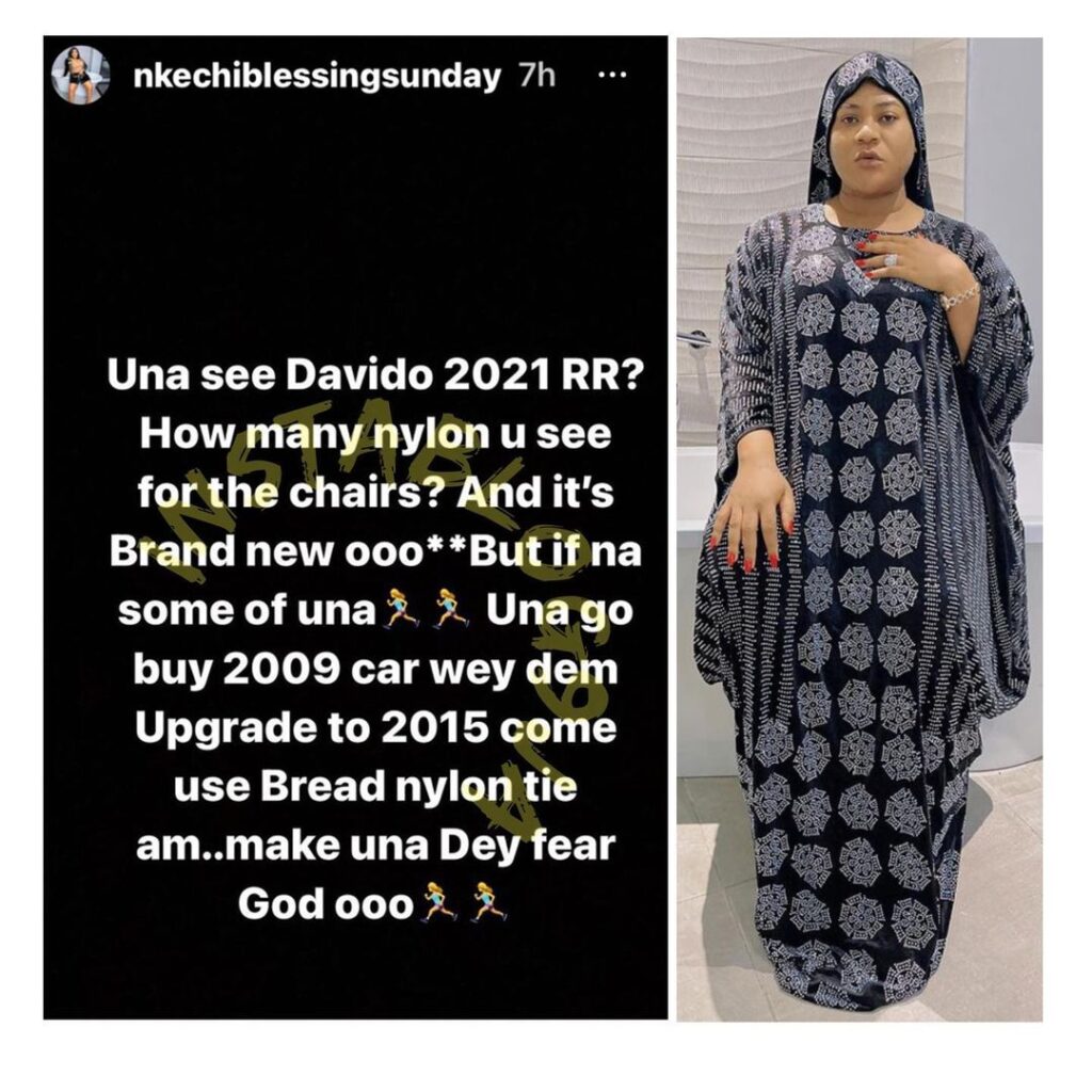 Actress Nkechi Blessing shades her colleagues over Davido’s new Rolls Royce