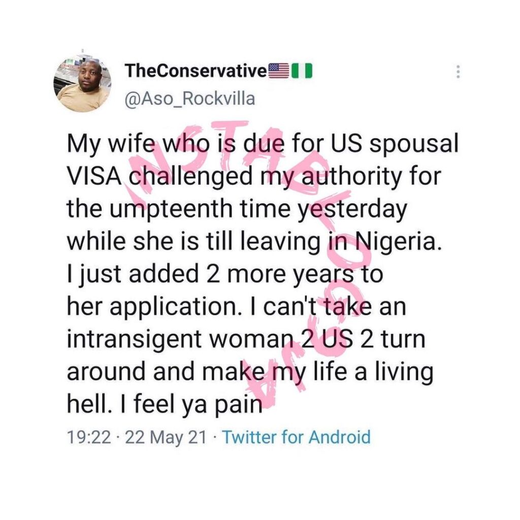 Nigerian man based in the US, delays his wife spousal Visa for challenging his authority
