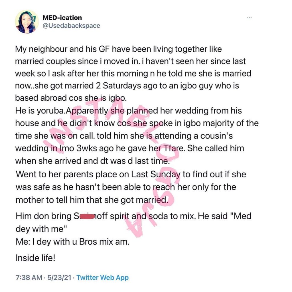 Man gives his live-in girlfriend transportation fare to her wedding without knowing