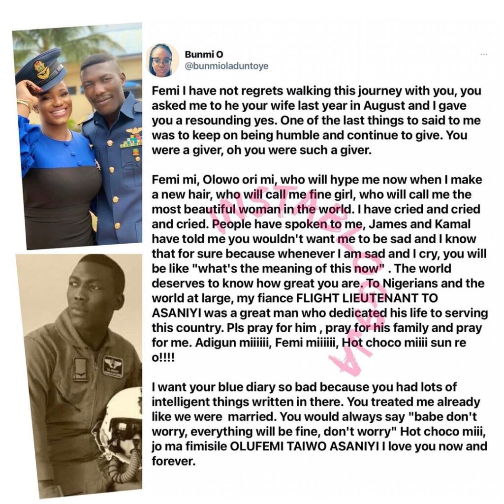 Fiancée to NAF pilot who died in the Kaduna jet crash, pens an emotional tribute