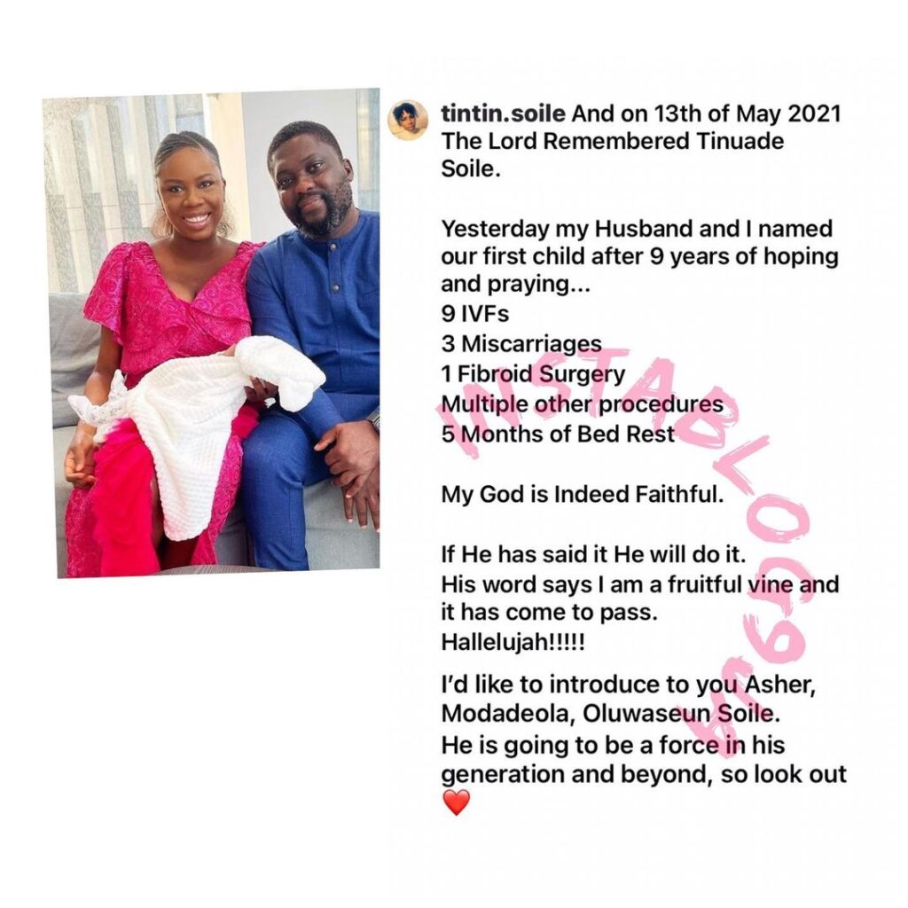 After 9years of waiting, 9 IVFs, 3 miscarriages and 1 fibroid operation, businesswoman Tinuade welcomes a child with her husband