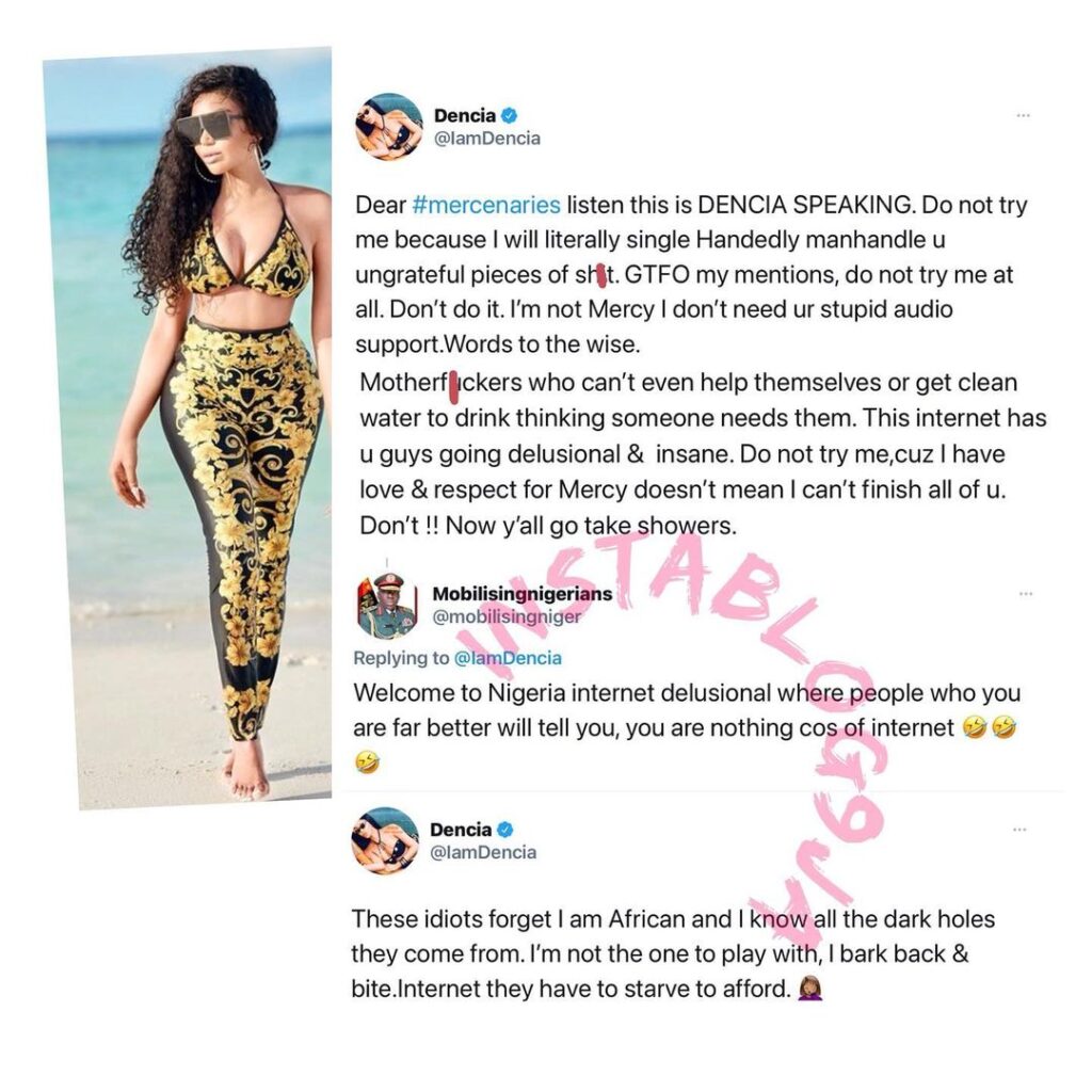 Singer Dencia lampoons the fans of BBN’s Mercy Eke for attacking her after she revealed how Nengi begged her to support Mercy while on the reality show. [Swipe]