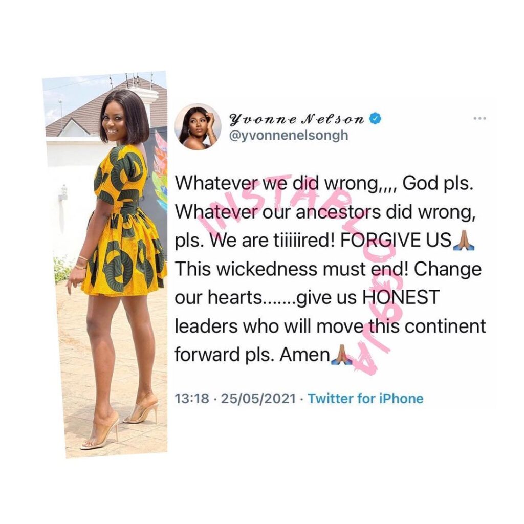 Ghanian actress, Yvonne Nelson, passionately prays to God on behalf of Africans