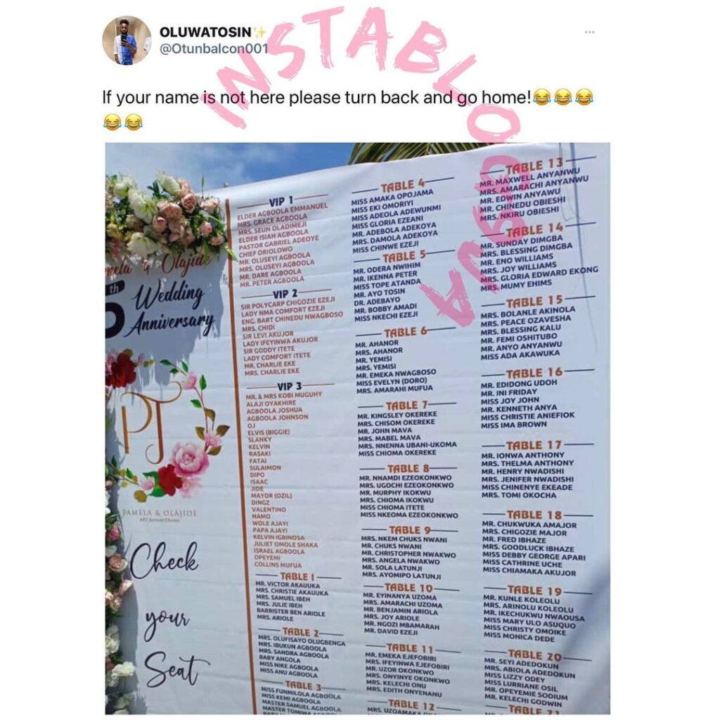 Lagos couple displays the names of those allowed to attend their 5th wedding anniversary