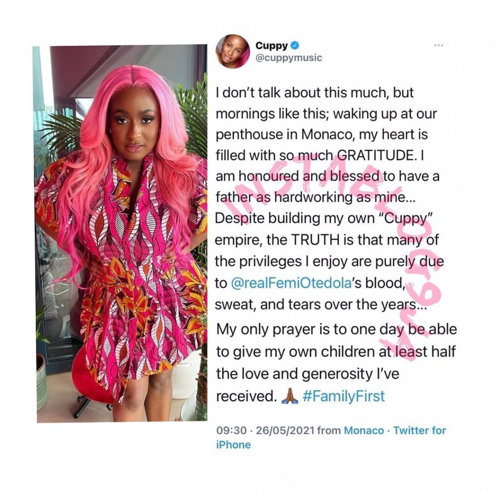 Many privileges I enjoy are due to my father's blood, sweat and tears — DJ Cuppy