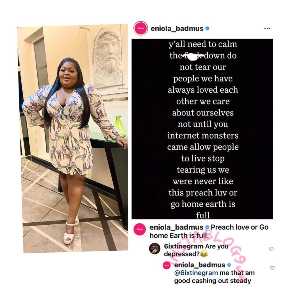 In not more than 30 sentences, actress Eniola Badmus tells a curious follower why she’s not depressed [Swipe]
