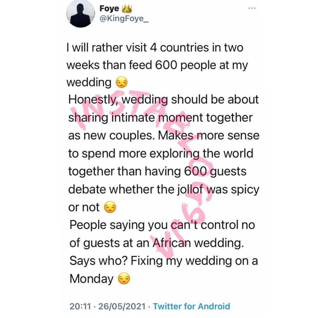 I’d rather visit 4 countries in 2 weeks than feed 600 people at my wedding — Photographer Foye