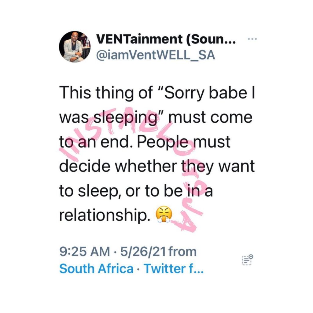S. African man calls for an end to “sorry babe I was sleeping” as an excuse in relationships