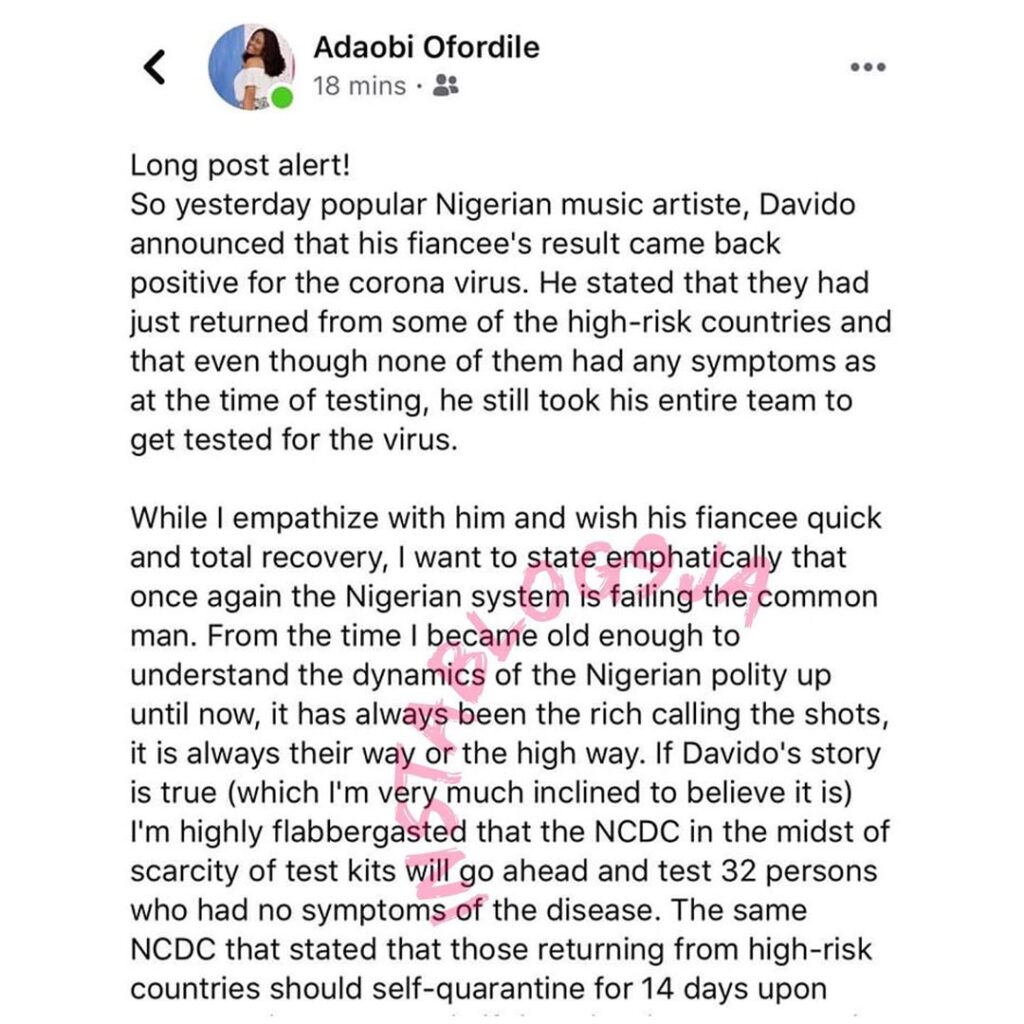 Davido-Chioma: I’m flabbergasted that NCDC tested 32 people without symptoms despite kits scarcity – Doctor tackling Covid-19. [Swipe]