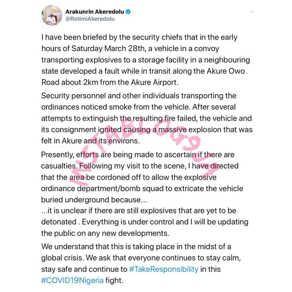 Akure Explosion: Gov. Akeredolu reveals the cause. [Swipe]