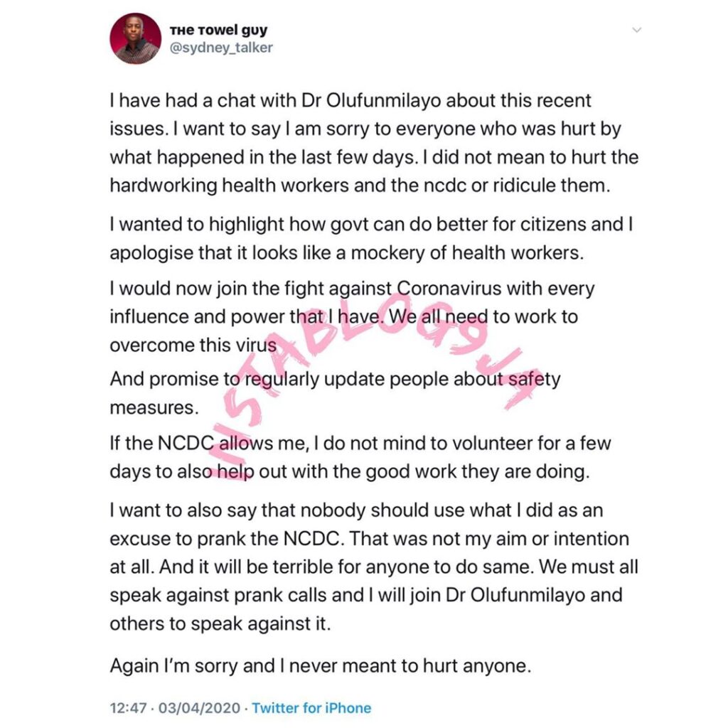 Covid-19: After being dragged for almost 48hrs, comedian Sidney Talker apologizes. [Swipe]