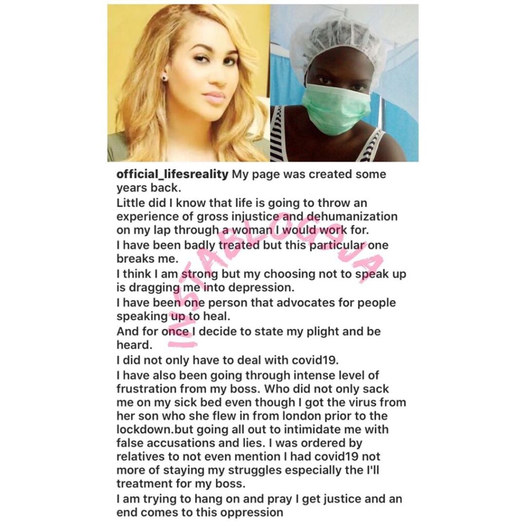 Actress Caroline Danjuma sacked me after I contracted COVID-19 from her son – UNAD graduate. [Swipe]