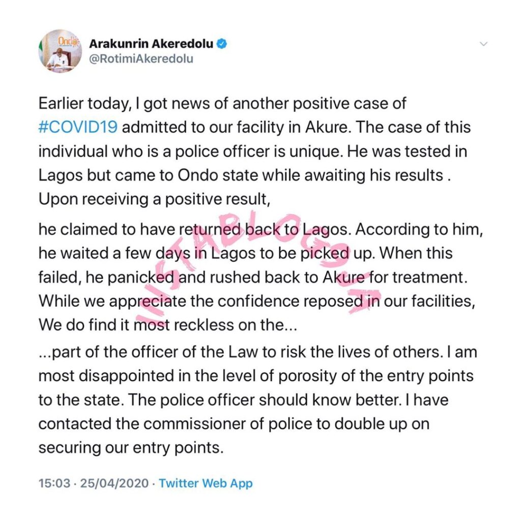 Gov. Akeredolu blasts police officer who fled to Ondo State after testing for Covid-19 in Lagos