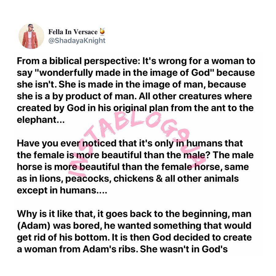 Women were made in the image of man, not God. Biblically, they’re created to pleasure, cook and serve men - Analyst. [Swipe]