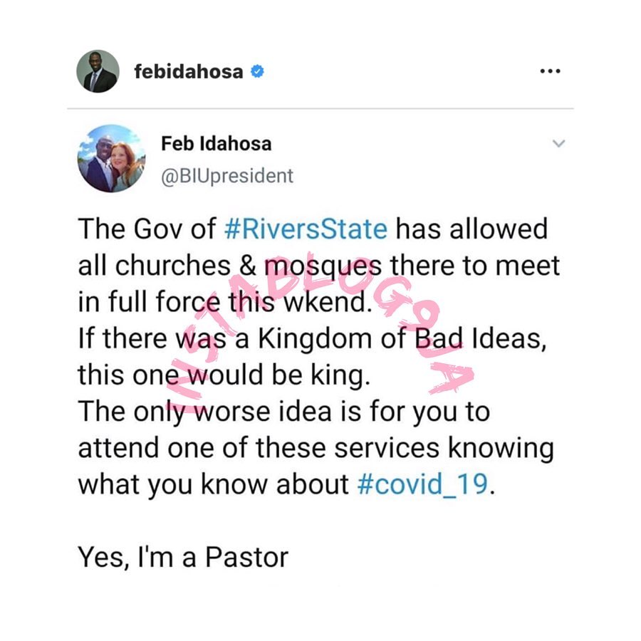As a pastor, I'm saddened by this - Bishop #FebIdahosa calls out Gov. #Wike of #RiversState. [Swipe]